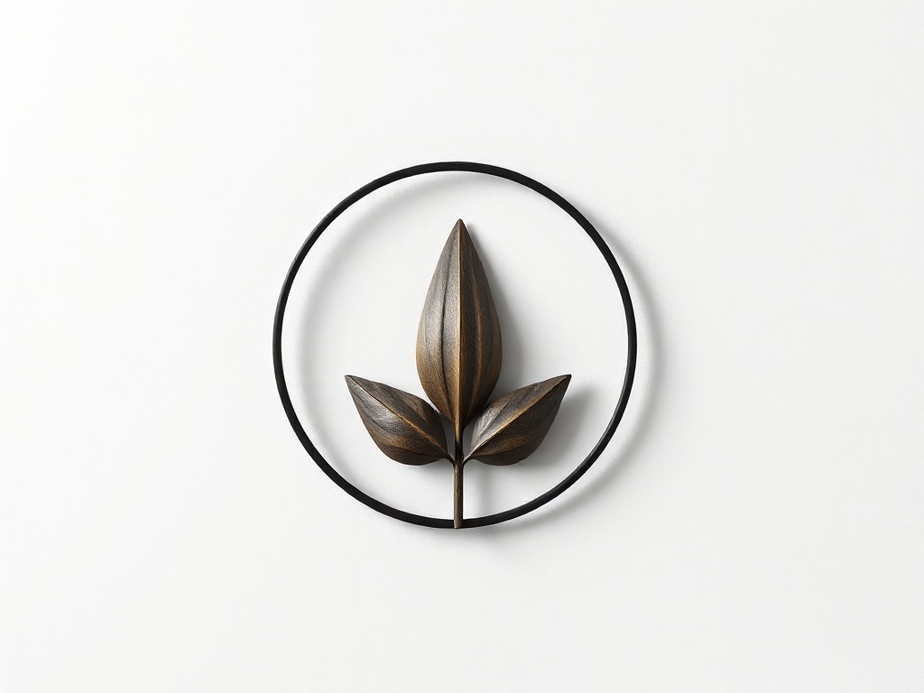 A minimalist abstract symbol inspired by a zen circle and a leaf, smooth matte texture, soft shadow, on a neutral background, high-end minimal design, 8k photorealistic